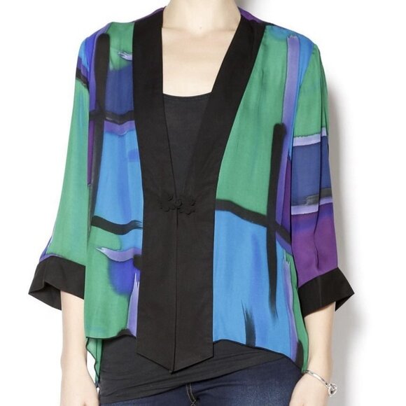 NEW Drapers & Damons Blue and Purple Silk Kimono Front Clasp Women’s Size Large - Picture 1 of 8
